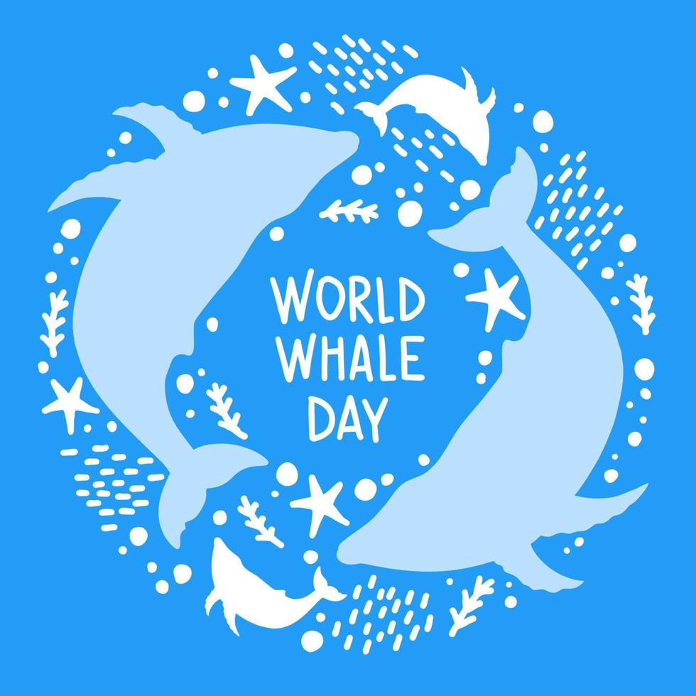 Whales are drawn in the style of linear art. Vector illustration with marine flora and fauna on a blue background. Cetaceans with the inscription - World Whale Day