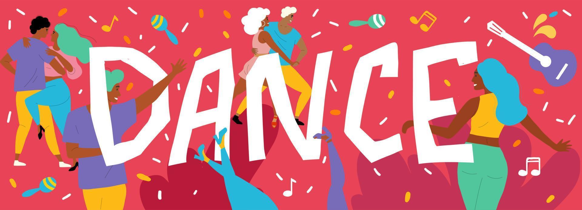 banner about dancing. Dancers dance Latin dances. Men and women at salsa and bachata competitions vector