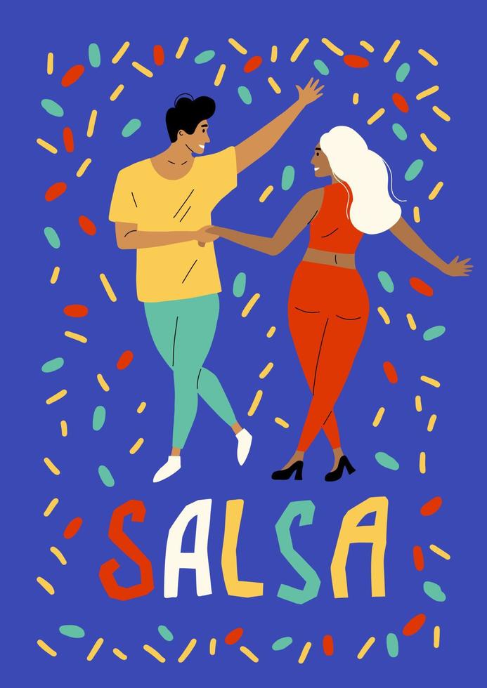 A woman and a man dance salsa at a festival. A couple dancing Latin dances. Lovers smile and move sensually. Rumba, samba, bachata and merengue on a blue background vector