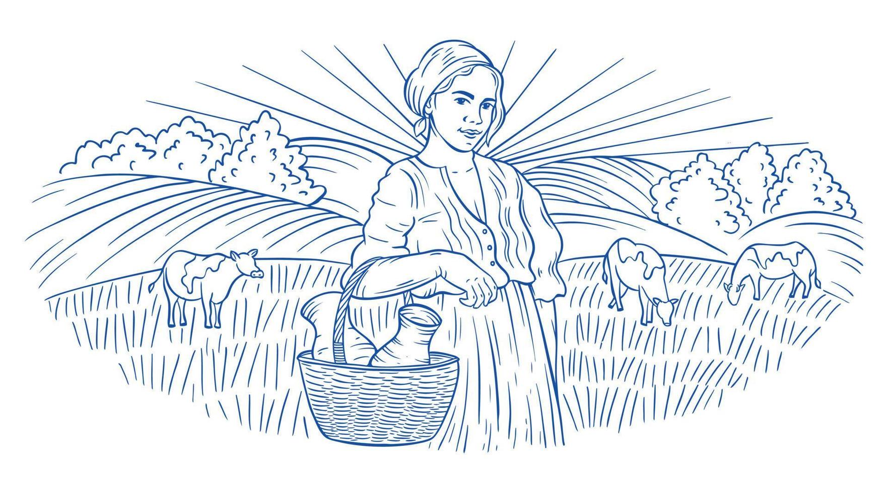 A village and a girl with fields and the sun. Rural landscape with a young woman and trees. The girl holds ears of wheat or rye. Hand engraving style vector