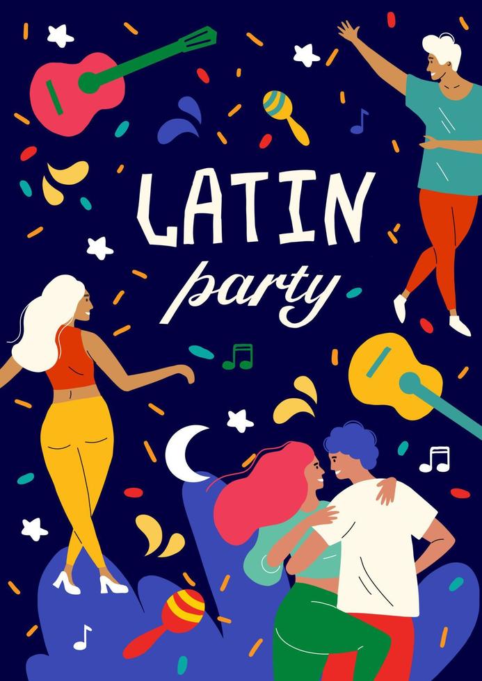 Latin dance party. Bachata and Salsa Dance Festival. The dancers move rhythmically. Poster and poster for a night disco. Lovers move passionately vector