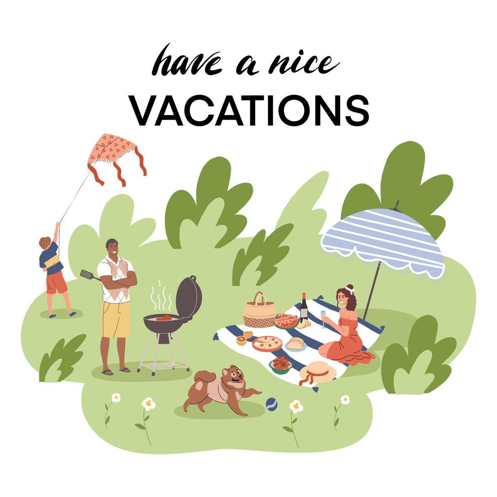 The family is relaxing in nature. People went out for a picnic. A woman, a man and a child are having fun on vacation, playing with a dog, frying meat, fussing, launching a snake. Have a nice vacation vector
