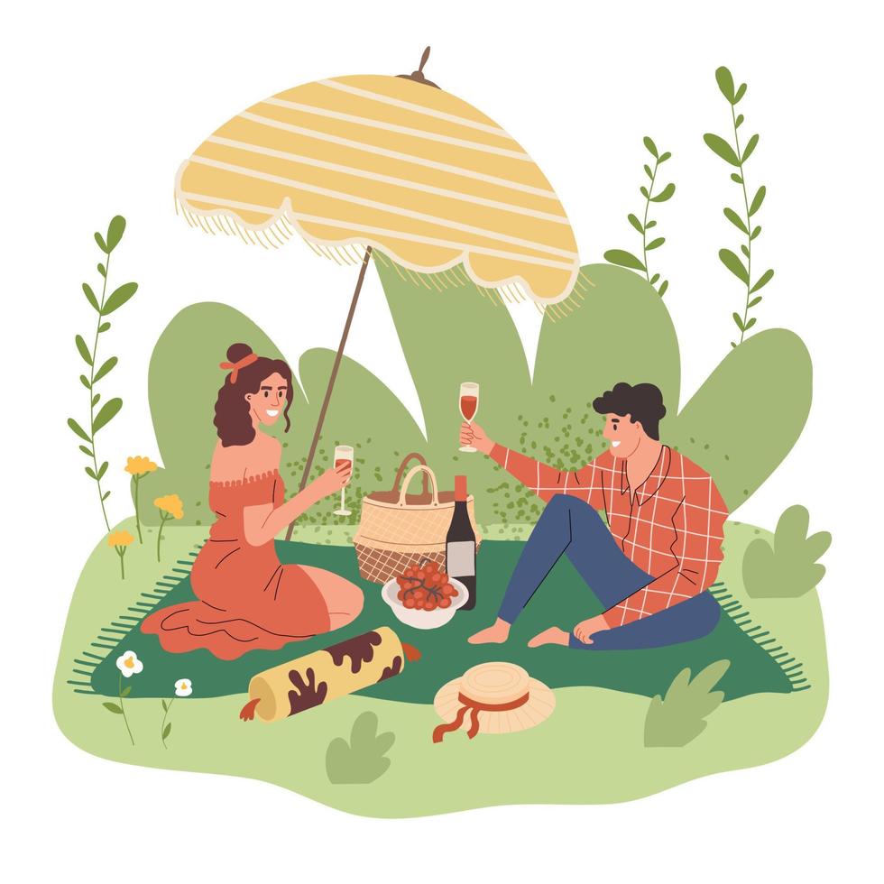 una pareja joven en una cita en el parque. un chico y una chica beben vino en un picnic y comen. cena romántica en la naturaleza. vector