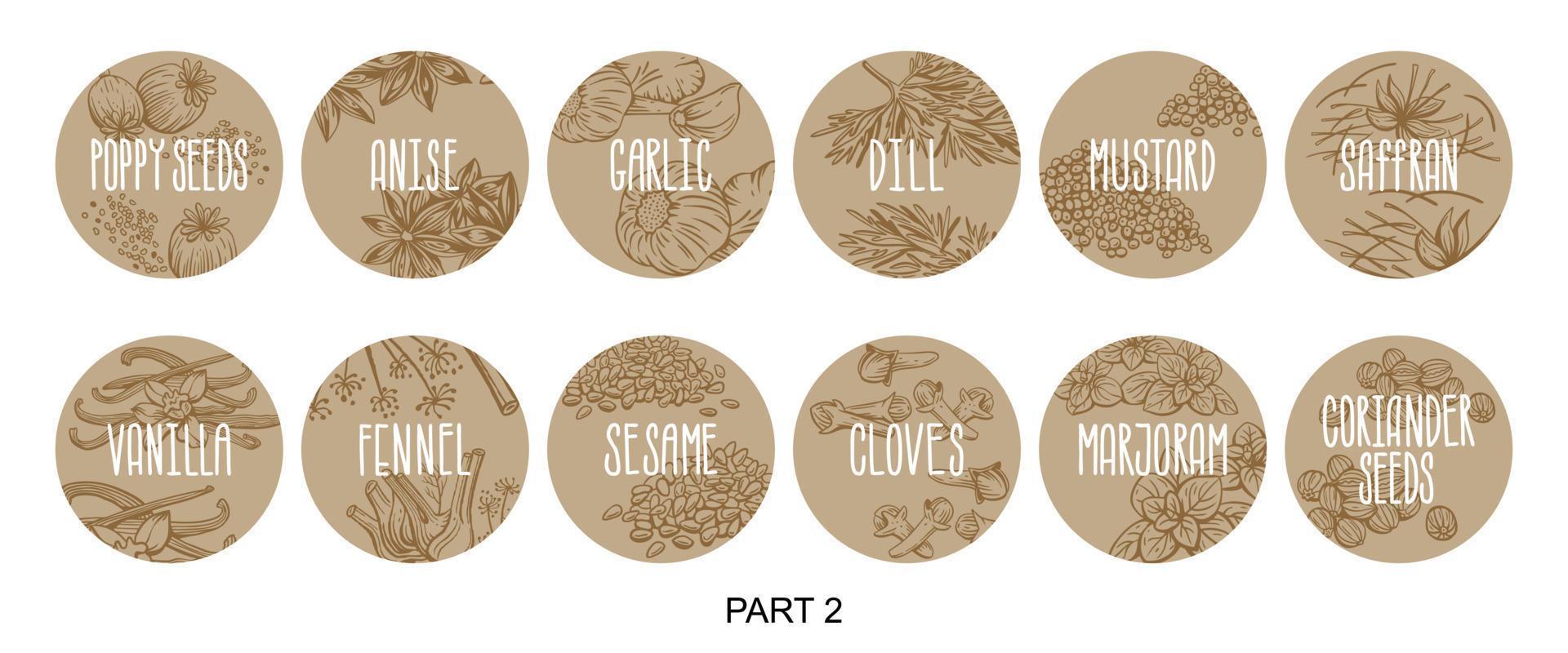 Vector set of stickers for spices.  basil, parsley, coriander, rosemary, cinnamon, chili, pepper, thyme, turmeric, black pepper, ginger, oregano, cumin, poppy, anise, garlic, dill, mustard, saffron