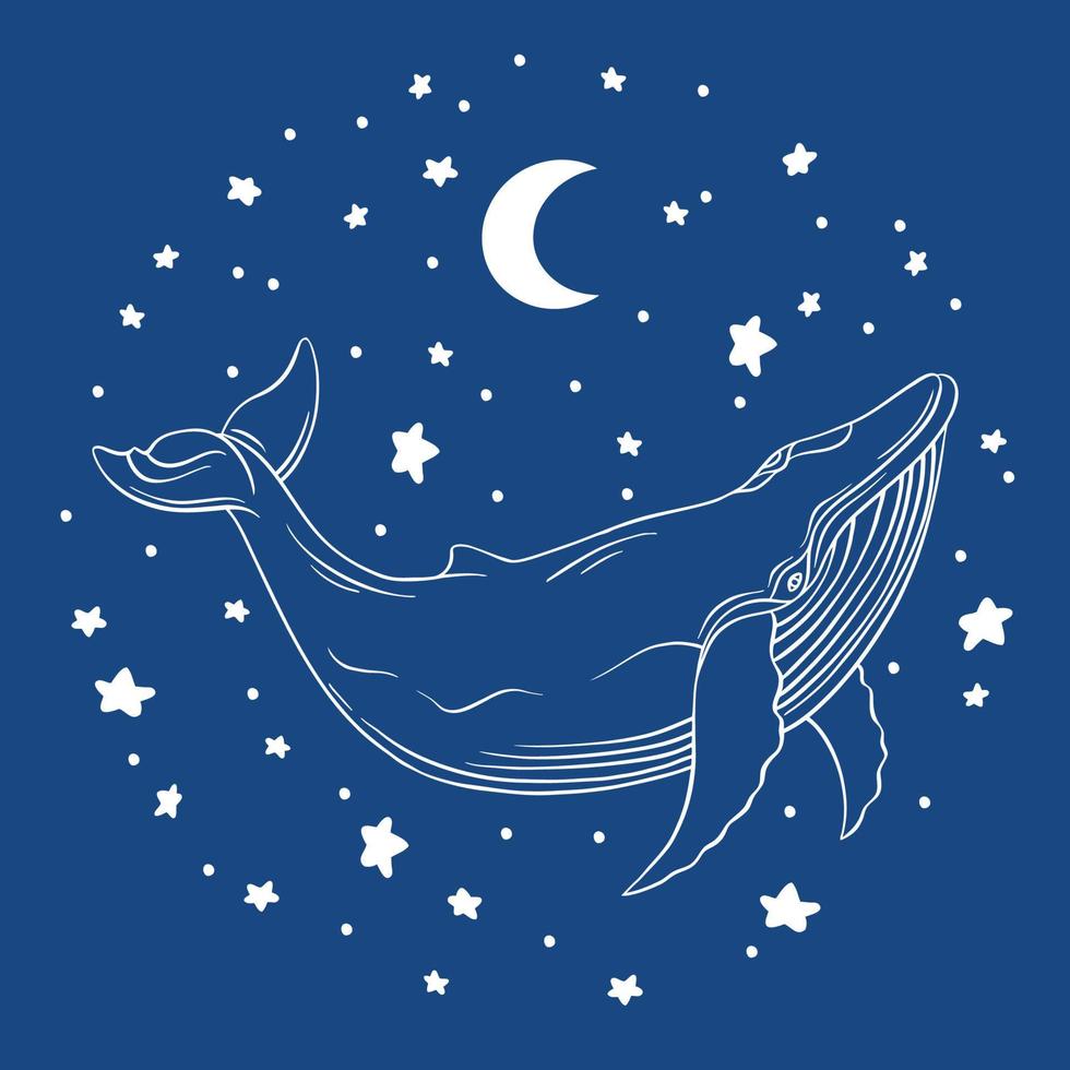 Whales are drawn in the style of linear art. Vector illustration on a blue background. esoteric illustration with the moon and stars