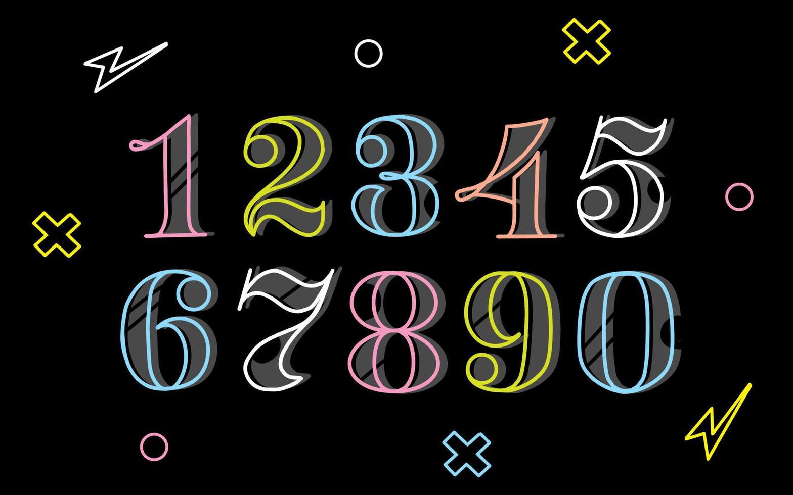 números y números de neón. letras sobre un fondo negro. fuente para matemáticas, álgebra y calculadora. estilo club nocturno vector
