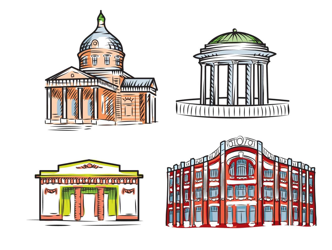 Old architecture in line art style. Vector set of hand drawn illustrations. Russian temple and other classical buildings.