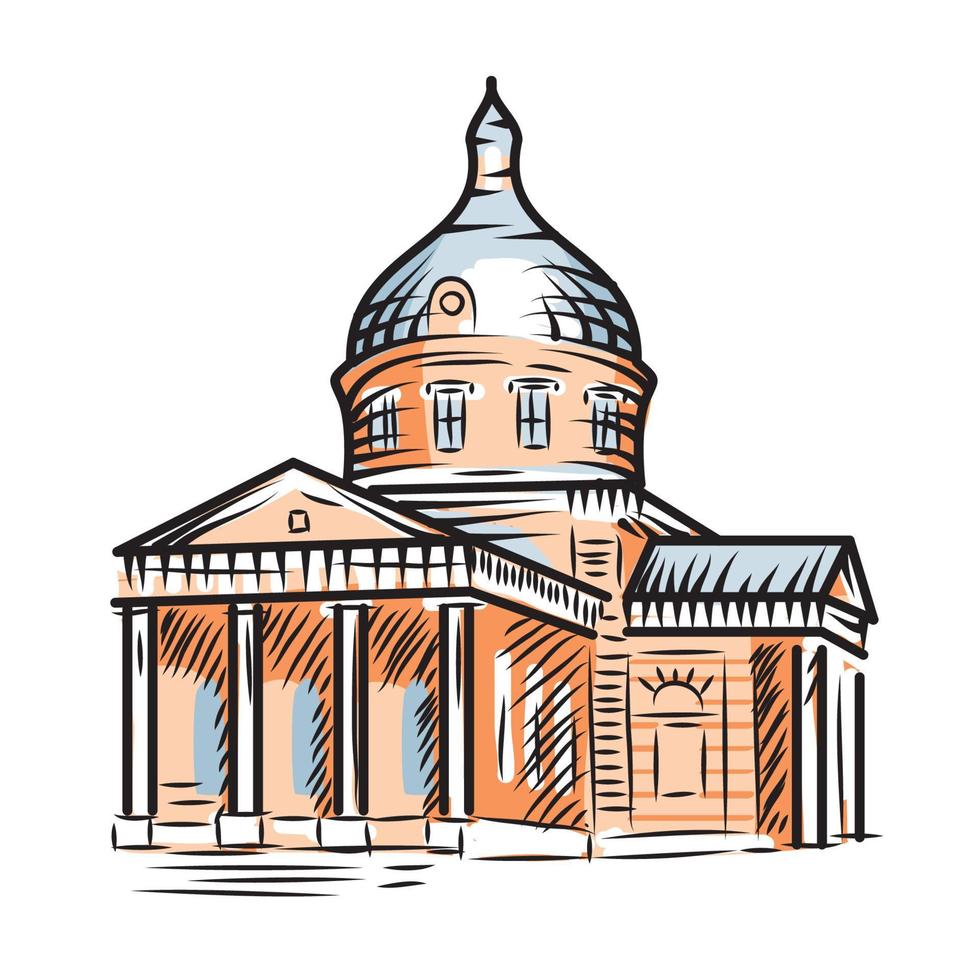 old russian temple drawn in line art style. Orthodox church in classical Greek style vector