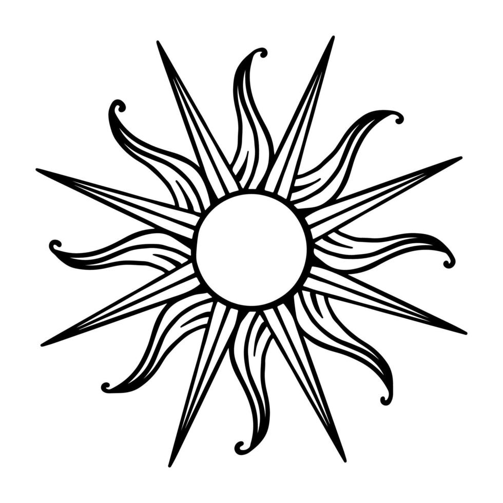 Black and white sun. A linart and an engraving of a star. Tattoo in the style of the 2000s. Sketch or doodle of the wind rose vector