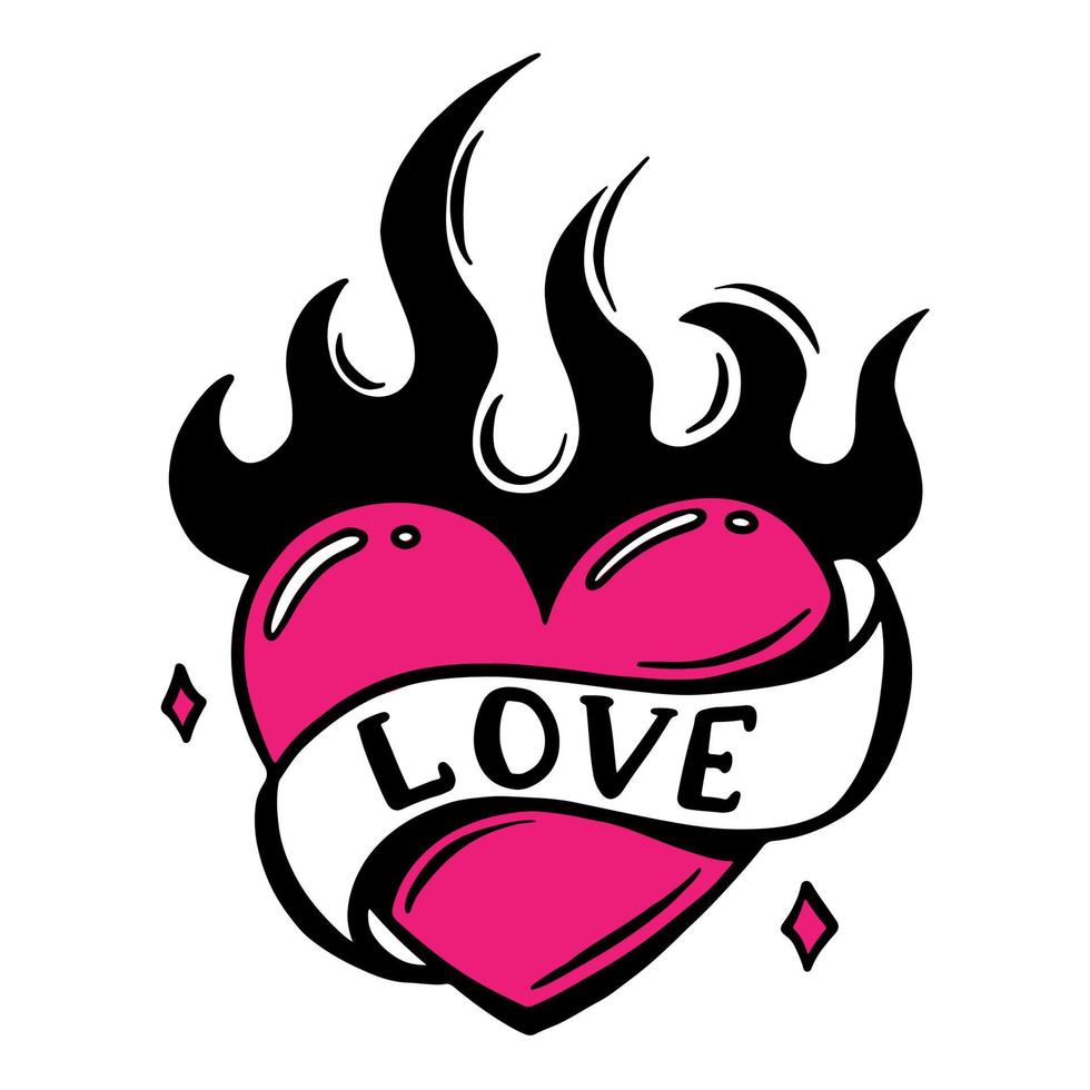 Doodle burning heart with barbed wire. Tattoo in the style of the 90s, y2k. Girl's transferable temporary tattoo vector