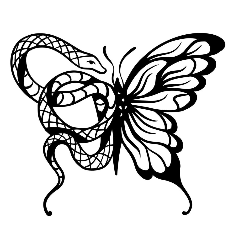 Black snake and butterfly. Dualistic tattoo in the style of the 90s, 2000s, 00s. Fashionable and stylish ornament vector