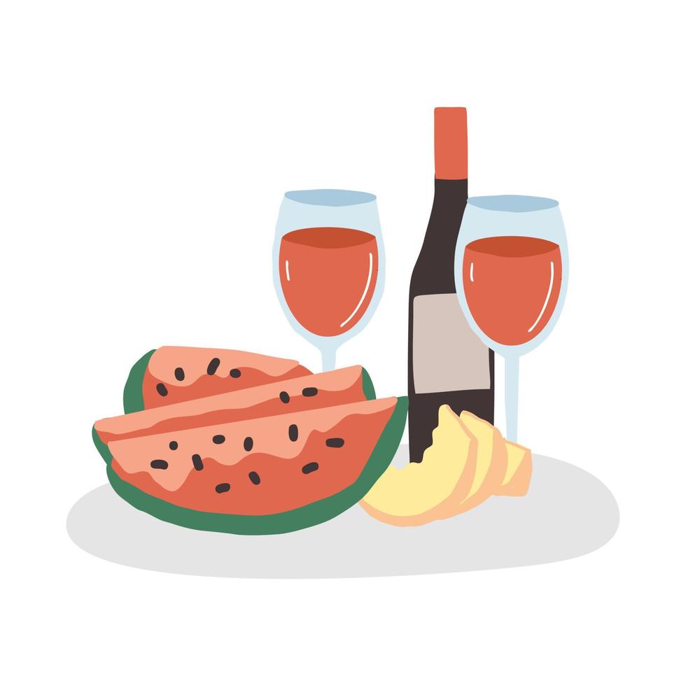 A picnic food set. Wine, watermelon, melon for a date. Vector illustration of yummy on a white background