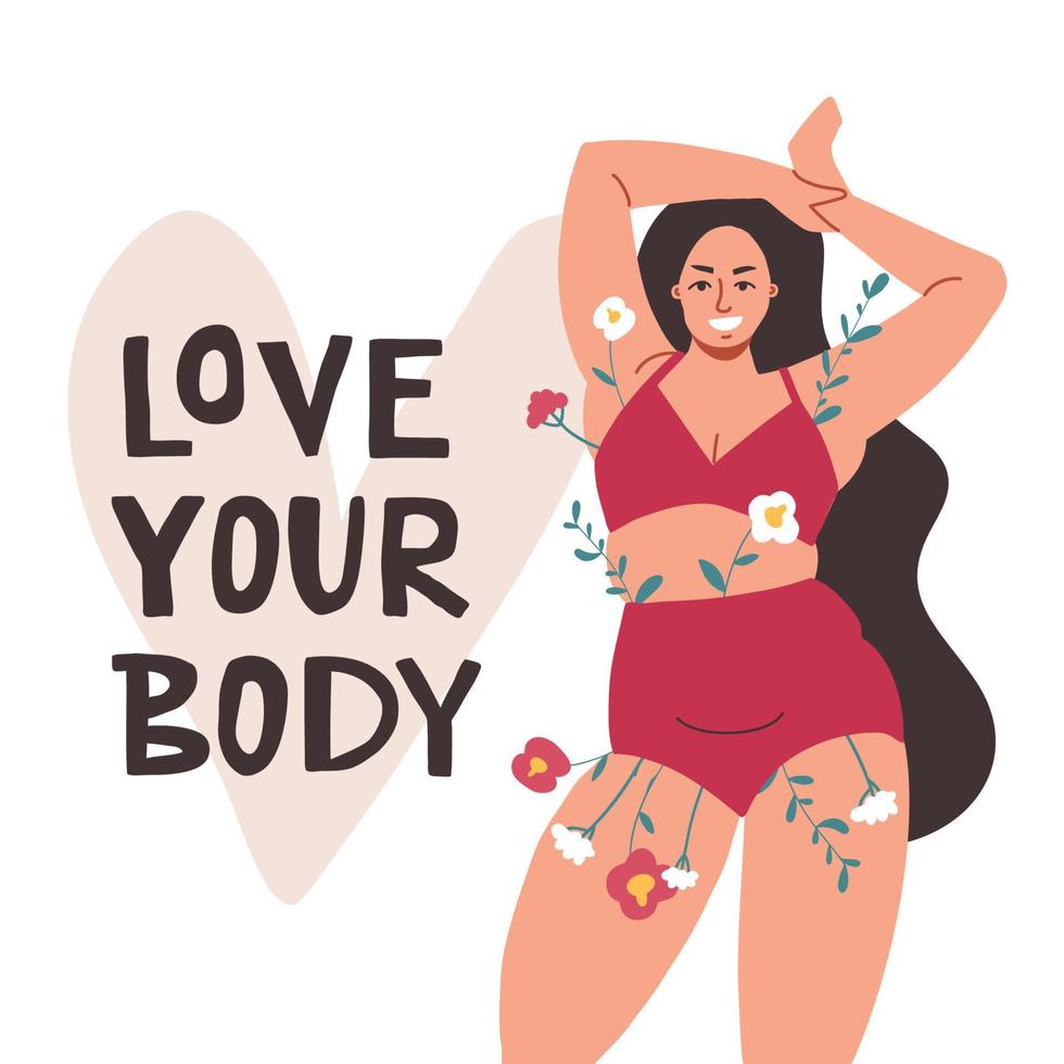 A beautiful girl in a swimsuit is smiling. flowers are visible from her underwear. A plump woman urges you to love your body vector