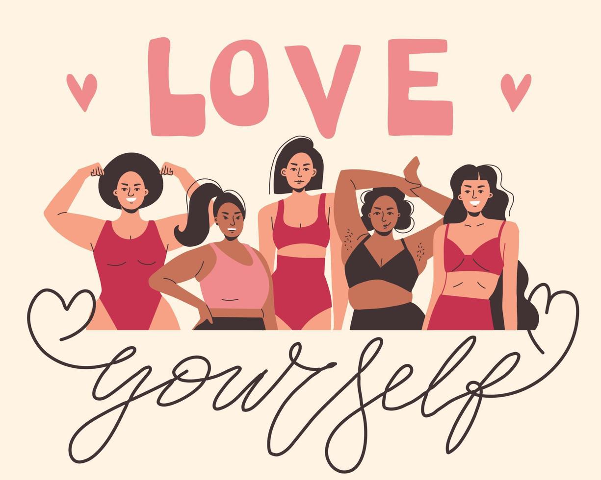 Very different beautiful girls are standing in swimsuits and smiling. Vector illustration on the theme of body positivity and lettering.
