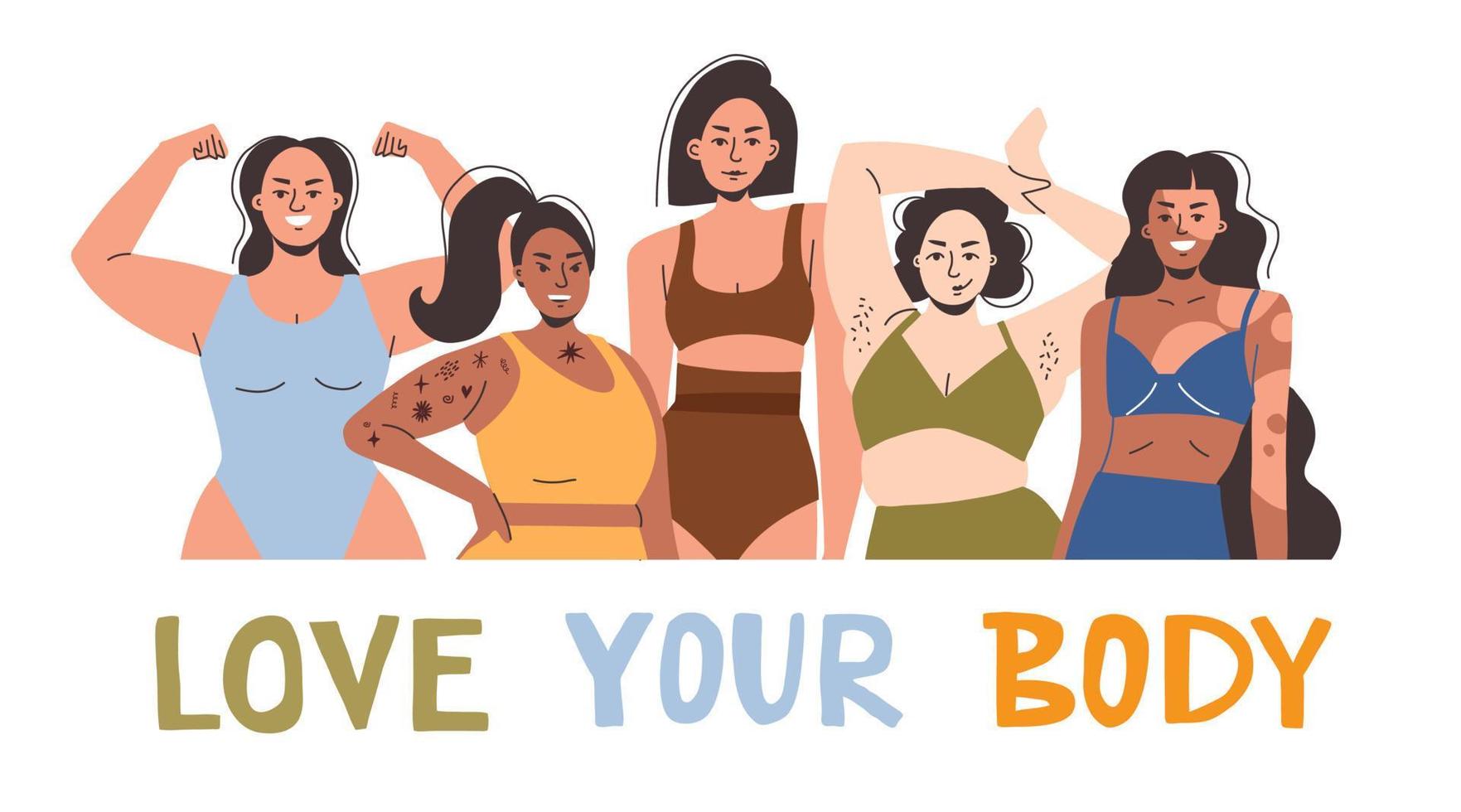 Very different beautiful girls are standing in swimsuits and smiling. Vector illustration on the theme of body positivity and lettering.