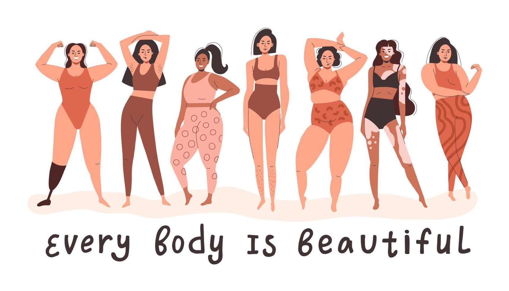 Different beautiful girls stand in different poses. Every body is beautiful. Women of different weight, height and skin color. Flat vector illustration