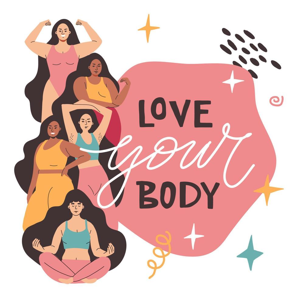 Very different beautiful girls are standing in swimsuits and smiling. Vector illustration on the theme of body positivity and lettering.