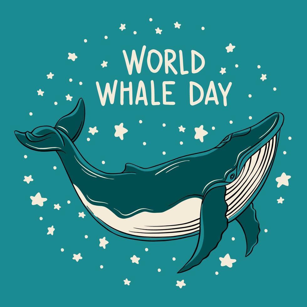 Whales are drawn in the style of linear art. Vector illustration with marine flora and fauna on a blue background. Cetaceans with the inscription - World Whale Day