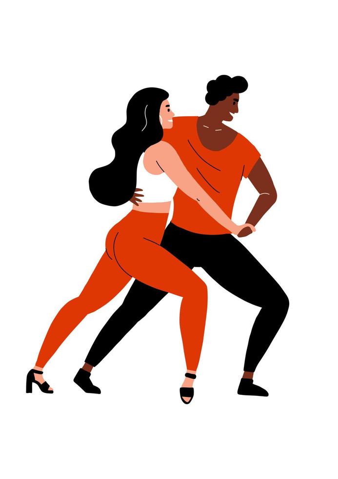 los amantes bailan el tango. baile apasionado. bailarines en rojo y negro bailan salsa y bachata. un hombre y una mujer se mueven en un festival de baile. vector