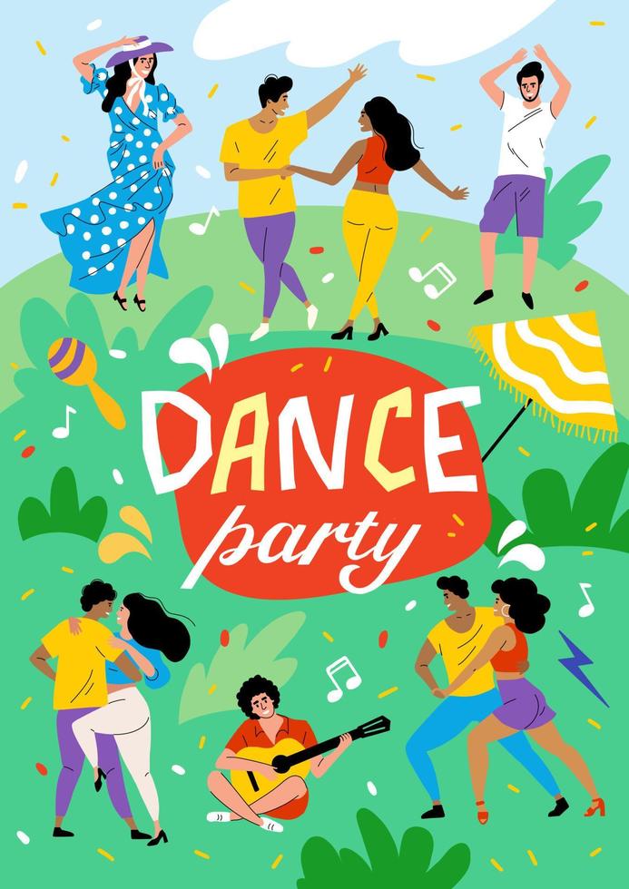 Funny people dance in nature. Dance festival in the park. The dancers move  rhythmically, the guitarist sings a song. Summer dance party. Poster for  Latin dances 13954048 Vector Art at Vecteezy