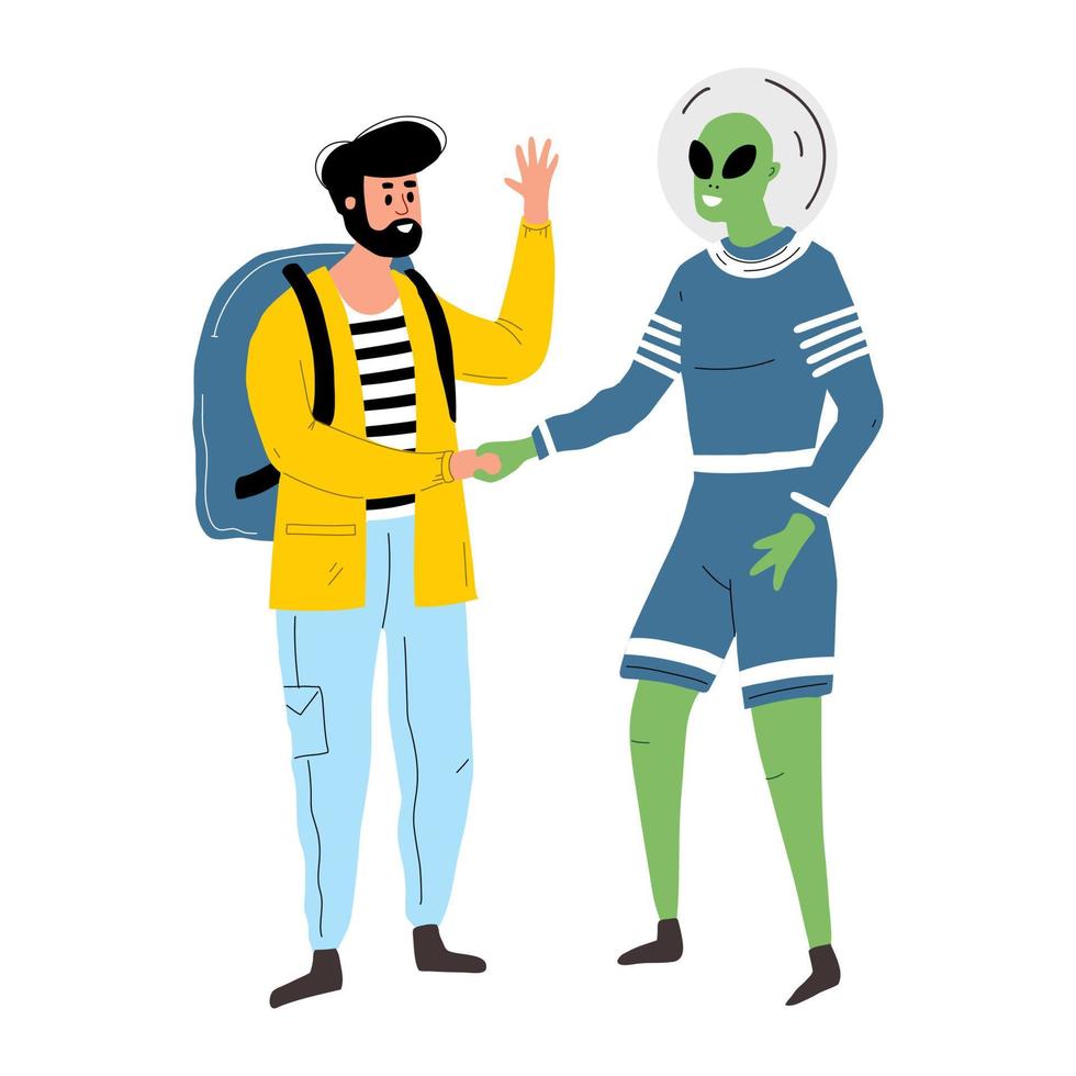 The ufologist shakes hands with the alien. A man greets a UFO. friendly martian and tourist vector