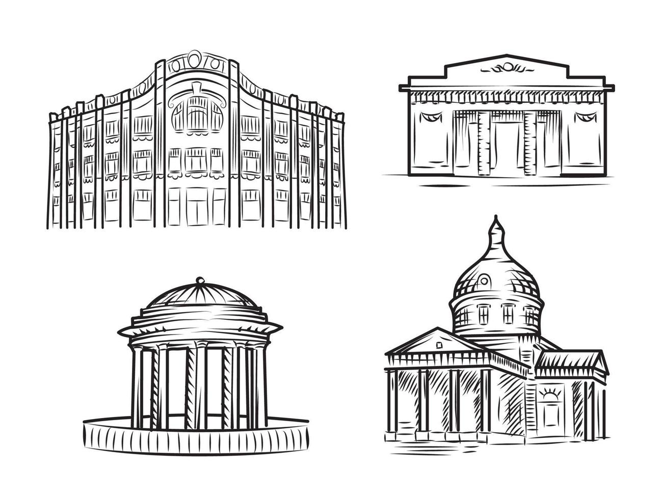 arquitectura antigua en estilo de arte lineal. conjunto vectorial de ilustraciones dibujadas a mano. templo ruso y otros edificios clásicos. vector