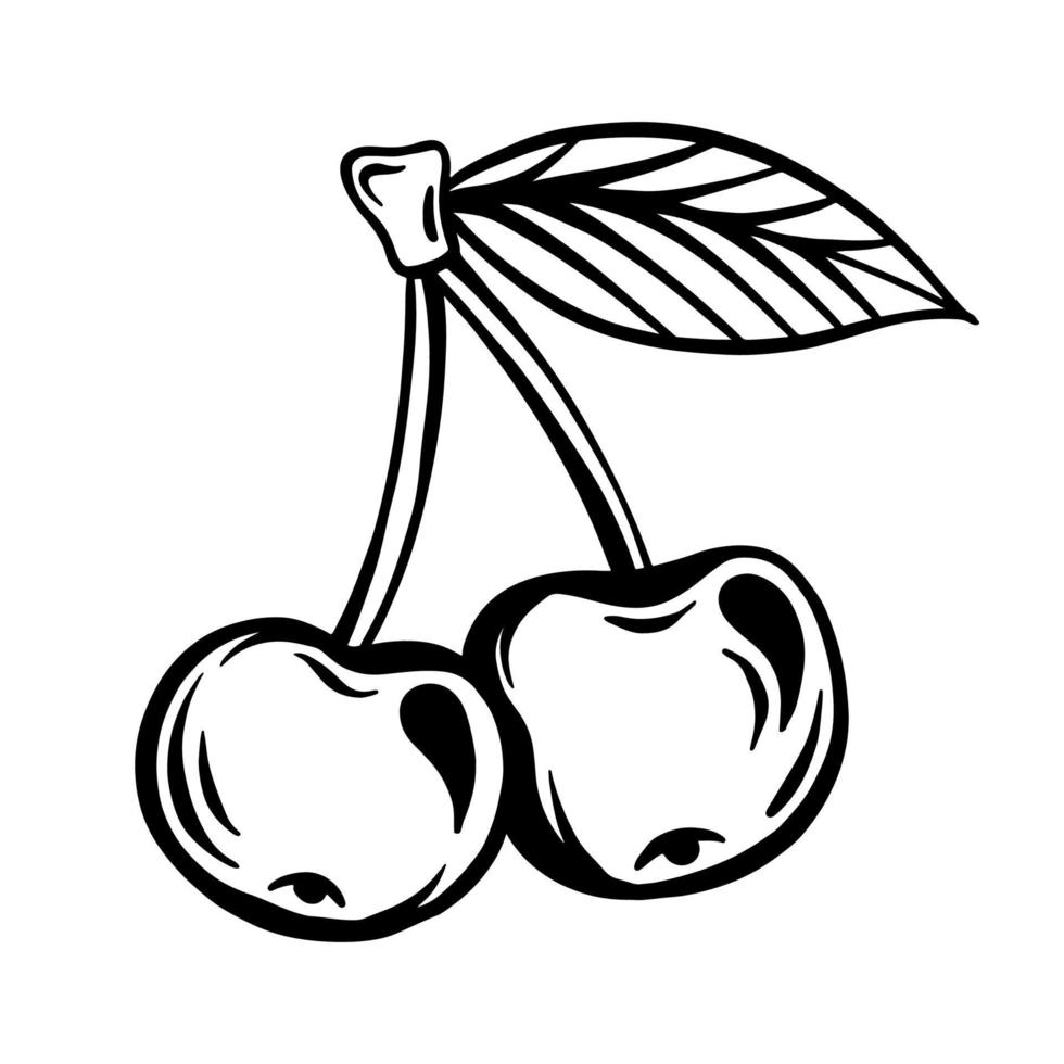 Cherry sketch. Doodle of two berries with a leaf. Woodcut is black. The idea of a girl tattoo in the style of the 2000s vector