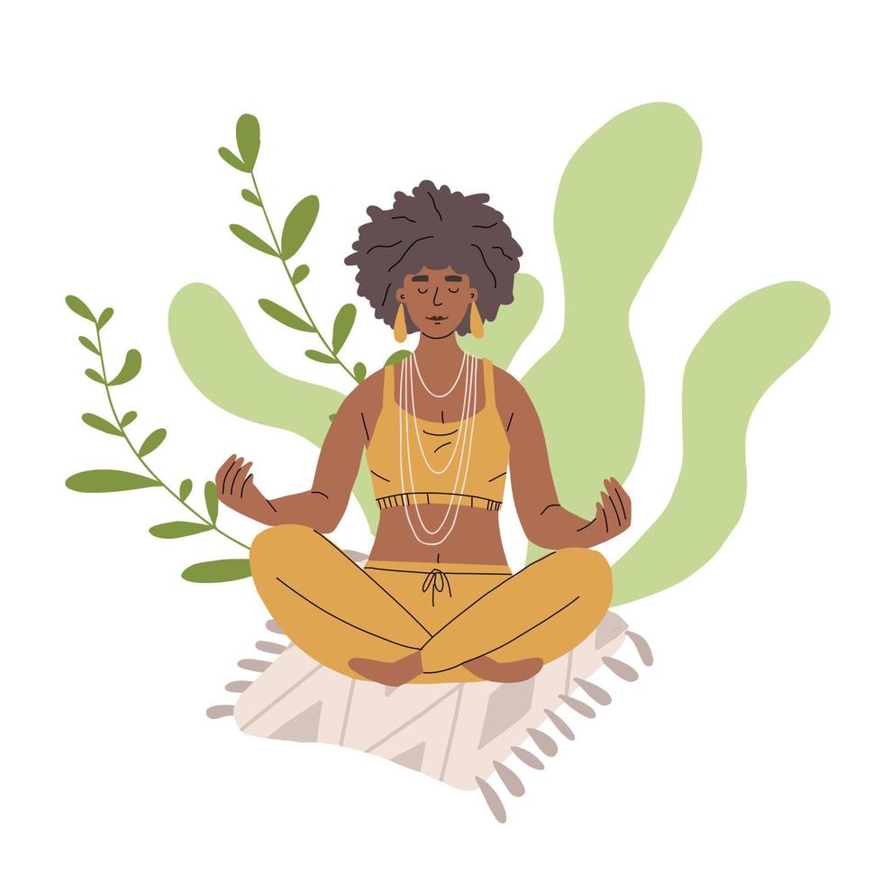 A girl meditates in nature. A young dark-skinned woman is sitting in a lotus position and doing yoga. Peace and a smile on your face. vector