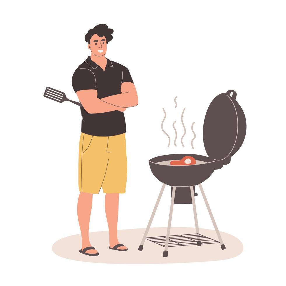 un hombre guapo asa carne a la parrilla. el cocinero sonríe y prepara una barbacoa. ilustración vectorial sobre un fondo blanco. vector