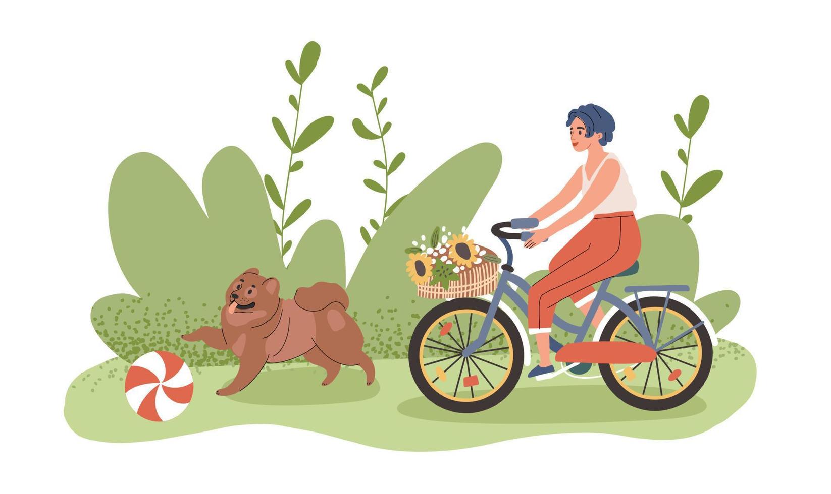 A girl rides a bicycle and a cheerful dog runs next to her. Vector illustration of outdoor recreation