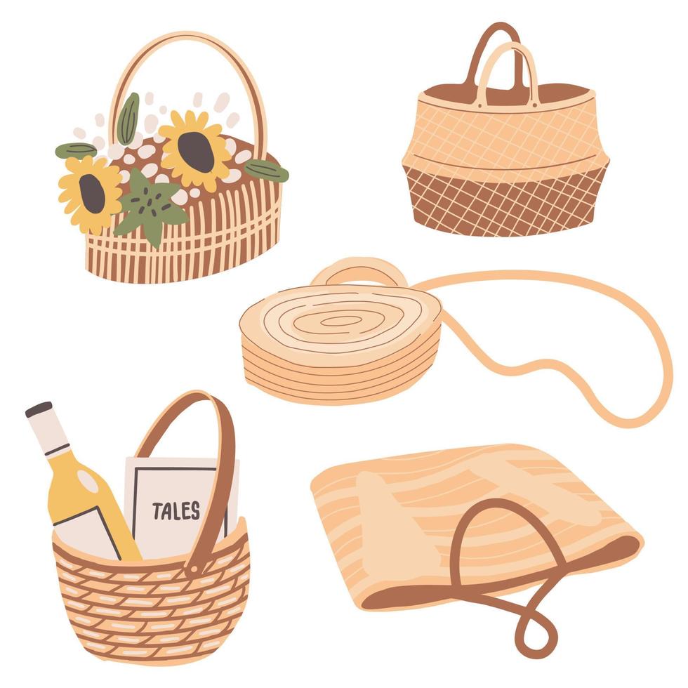 un juego de bolsas tejidas. cestas de picnic de mimbre. bolso de moda de mujer de verano y vino. vector