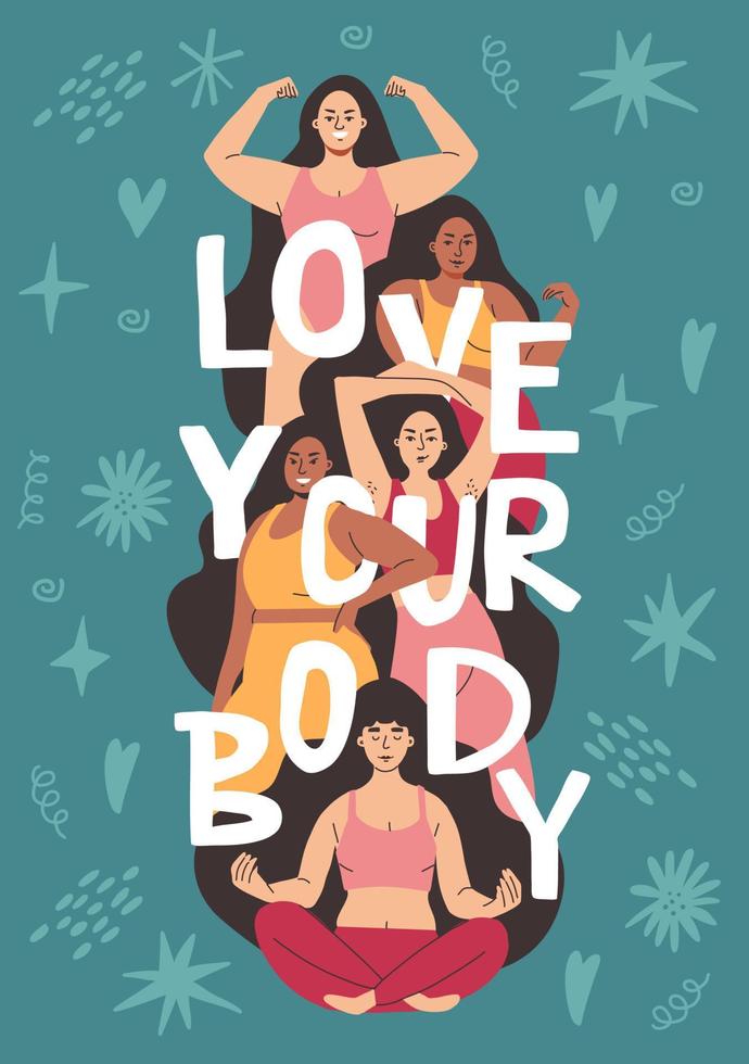 Very different beautiful girls are standing in swimsuits and smiling. Vector illustration on the theme of body positivity and lettering.