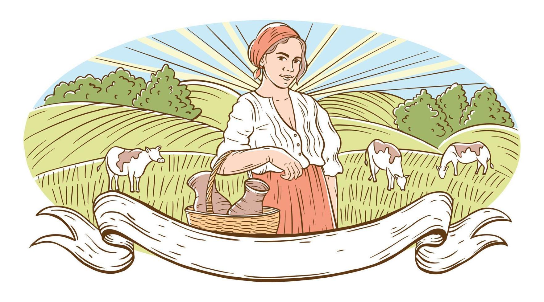 un pueblo y una niña con campos y el sol. paisaje rural con una mujer joven y árboles. la niña sostiene espigas de trigo o centeno. estilo de grabado a mano vector