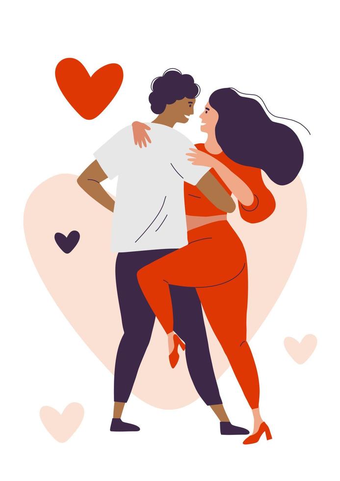 los amantes bailan el tango. baile apasionado. bailarines en rojo y negro bailan salsa y bachata. un hombre y una mujer se mueven en un festival de baile. vector