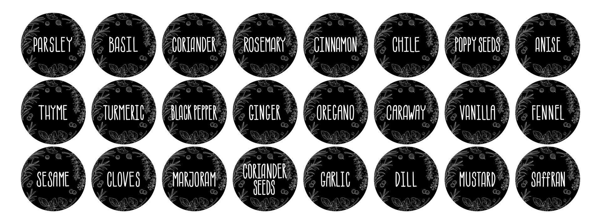 Vector set of stickers for spices.  basil, parsley, coriander, rosemary, cinnamon, chili, pepper, thyme, turmeric, black pepper, ginger, oregano, cumin, poppy, anise, garlic, dill, mustard, saffron