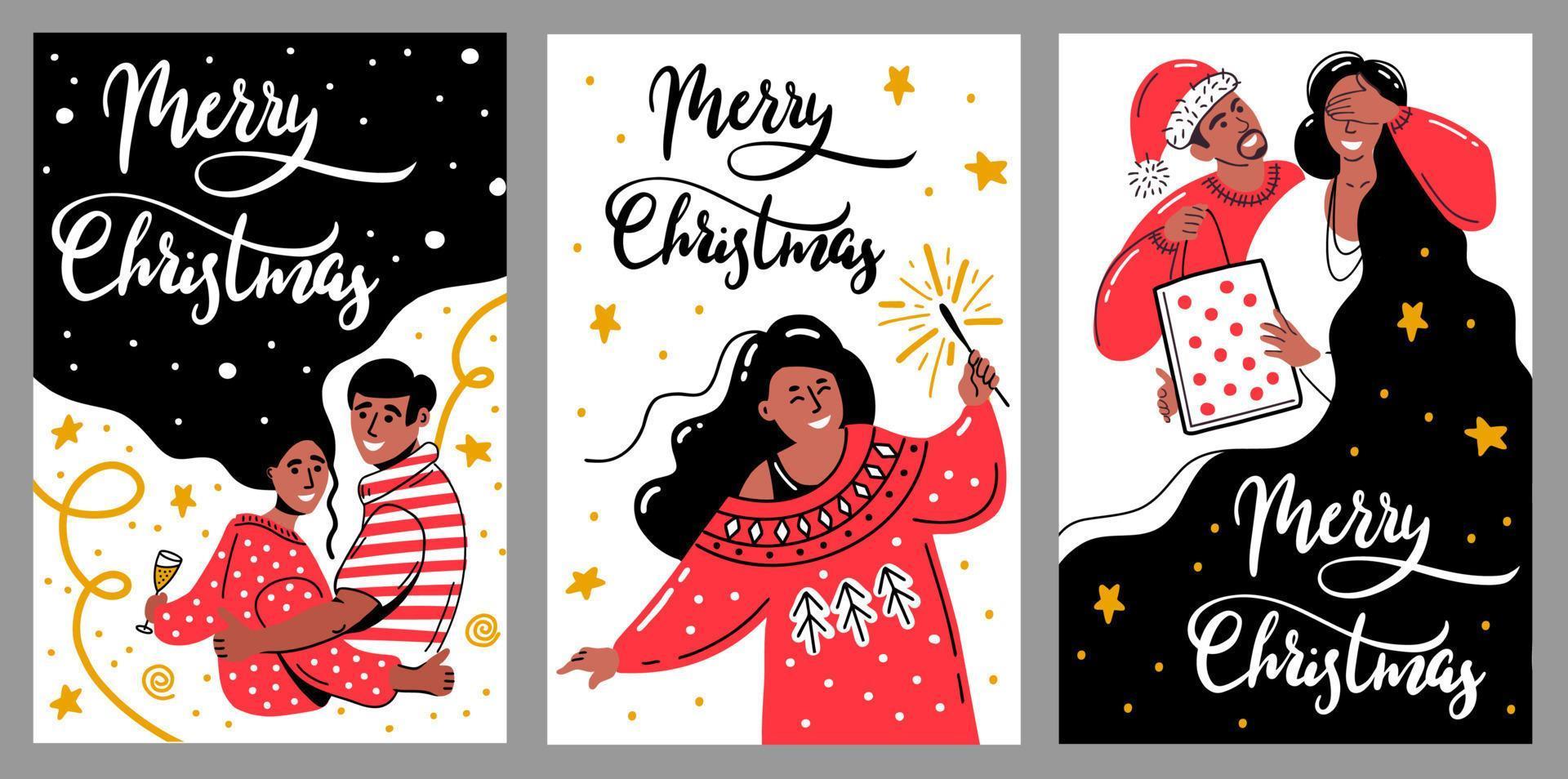 Vector set of Merry Christmas greeting cards. People celebrate Christmas, drink champagne, give gifts.