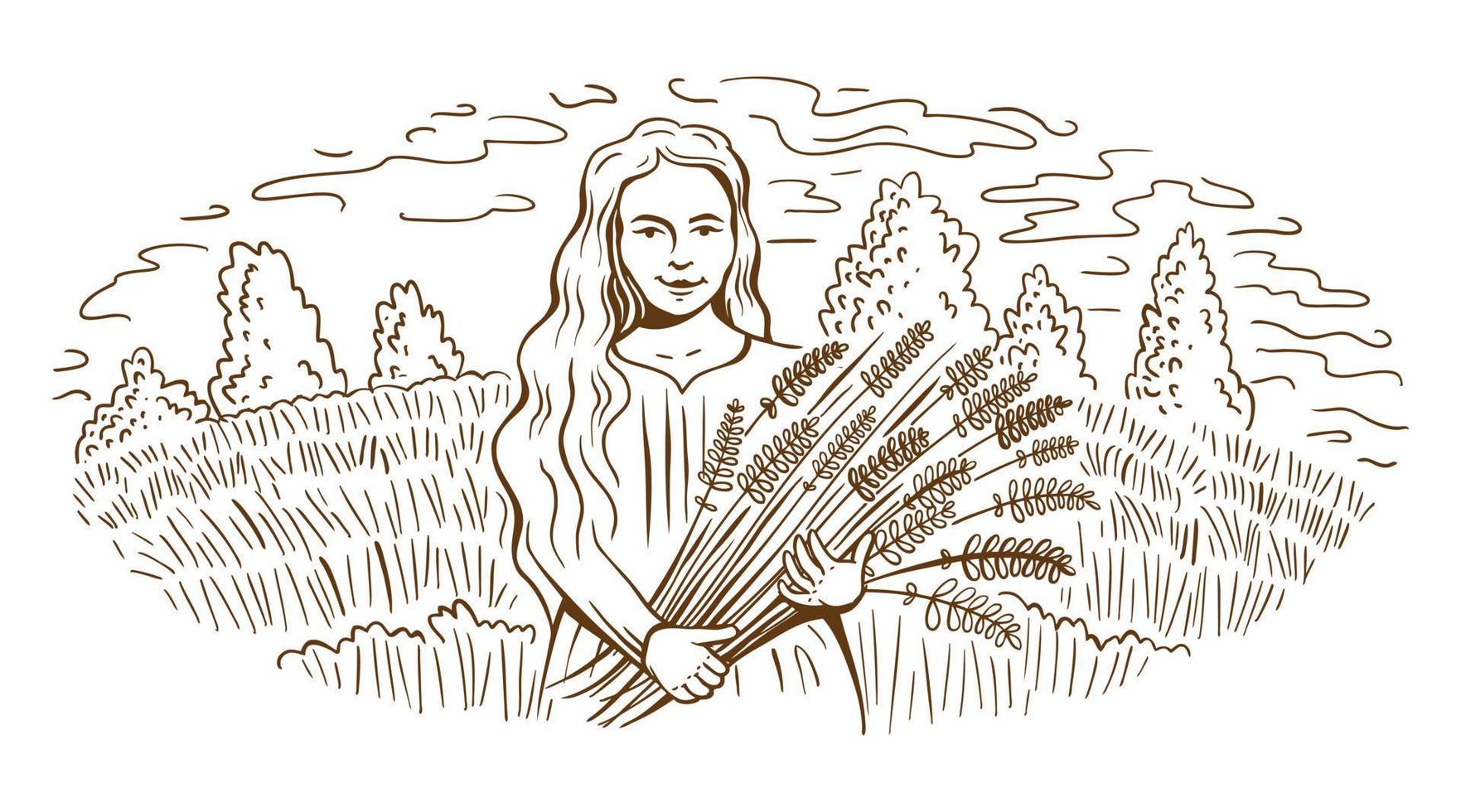 un pueblo y una niña con campos y el sol. paisaje rural con una mujer joven y árboles. la niña sostiene espigas de trigo o centeno. estilo de grabado a mano vector