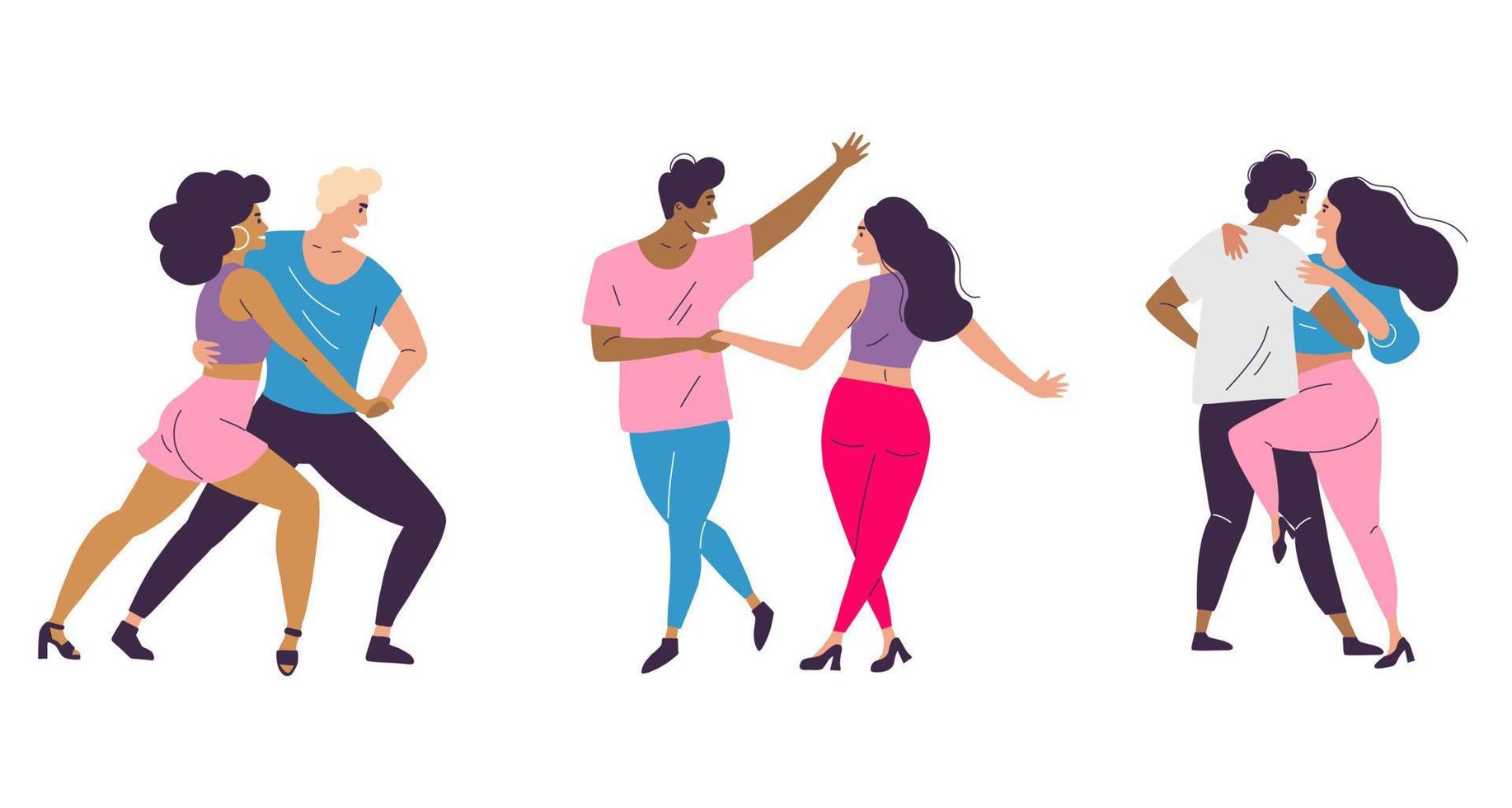 los bailarines bailan un baile en diferentes poses. hombres y mujeres bailan salsa, bachata y bailes latinos en una fiesta. escuela de baile y concurso vector