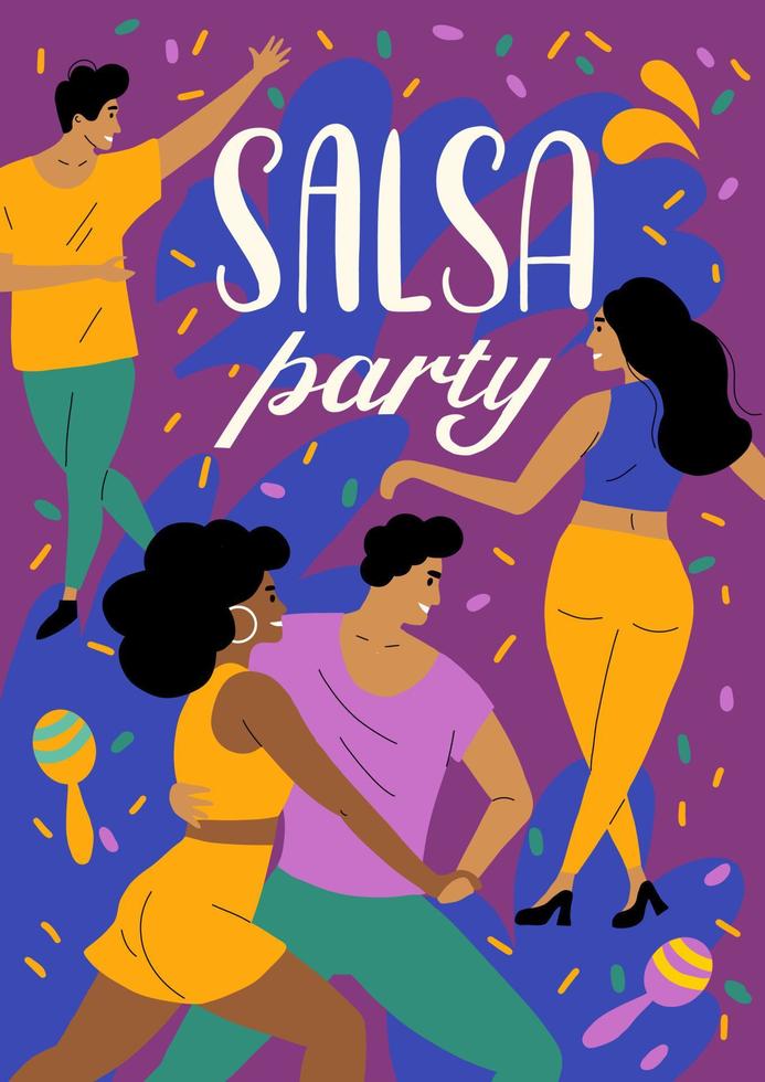 Dancers are dancing salsa. Couples are actively moving at a Latin party. Women and men dance bachata. Bright poster for the dance festival vector