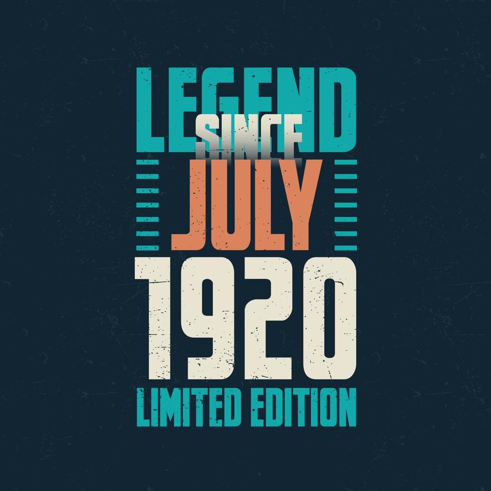 Legend Since July 1920 vintage birthday typography design. Born in the month of July 1920 Birthday Quote vector