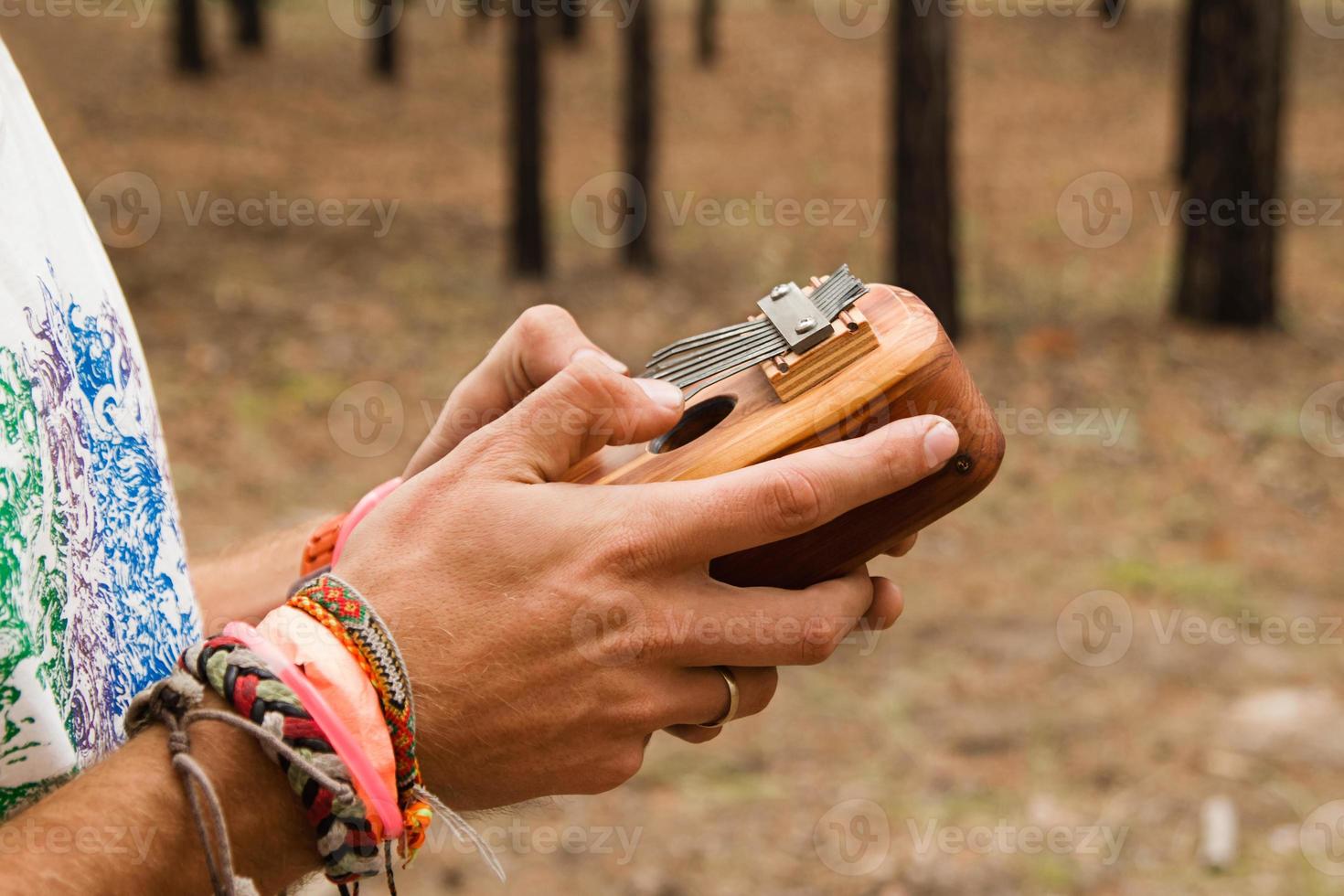 dos manos de hombre sosteniendo el instrumento musical africano tradicional kalimba en un bosque. foto