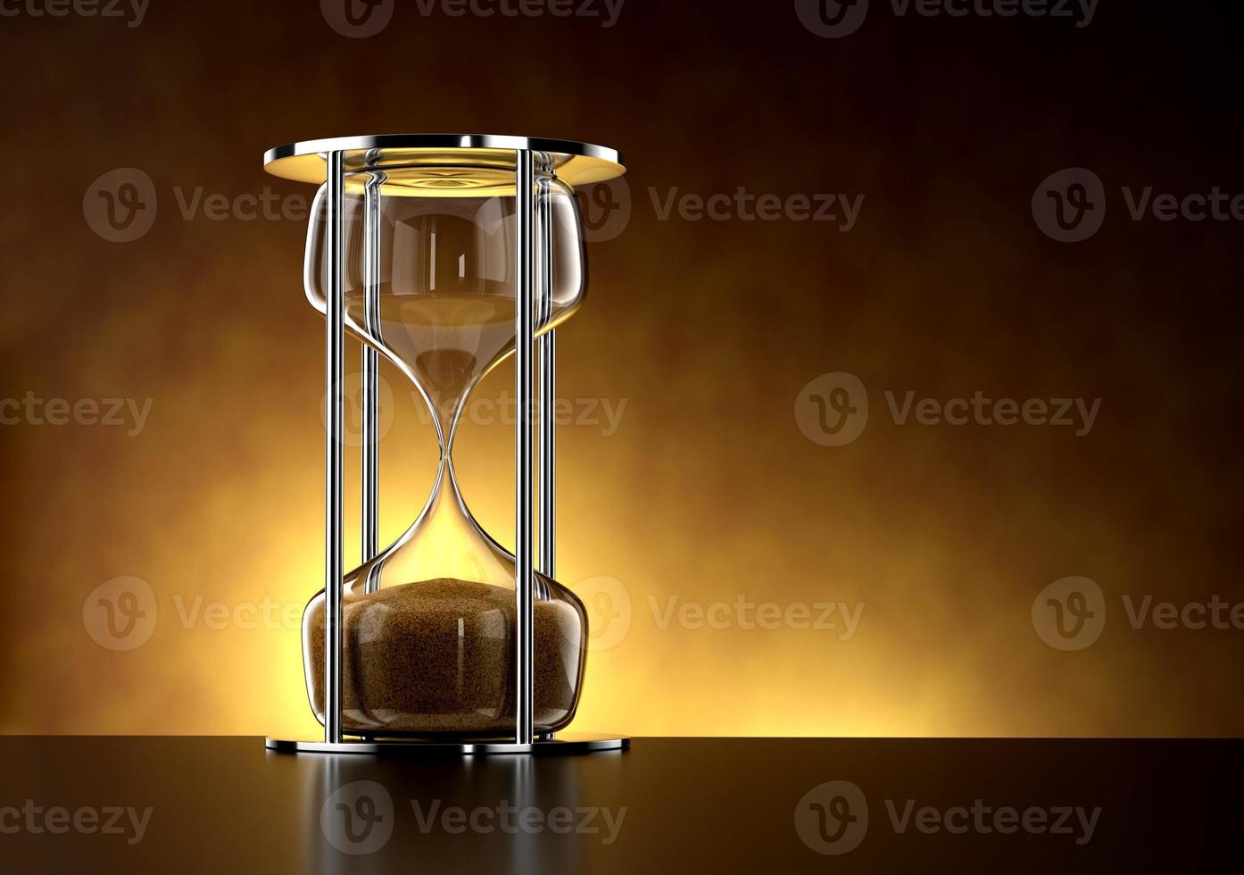 reloj de arena en suelo negro reflectante, ilustración 3d de reloj de arena foto