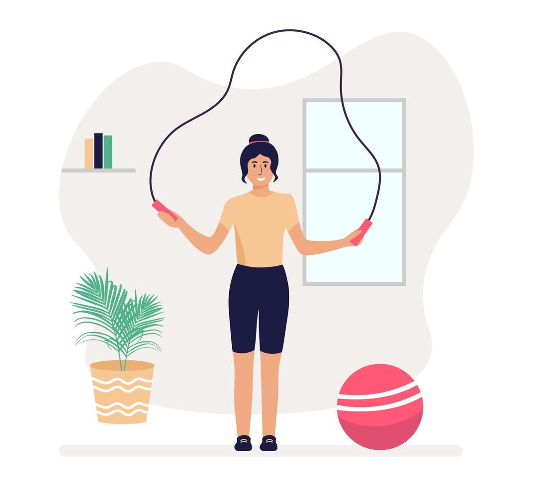 linda y hermosa mujer sonriente está saltando la cuerda en casa, ejercicios en casa, entrenamiento deportivo saludable aislado en fondo blanco, estilo de vida saludable vector