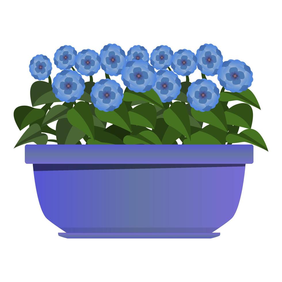 Long purple pot of blue flowers in realistic style. Flower bed for the window. Colorful vector illustration isolated on white background.