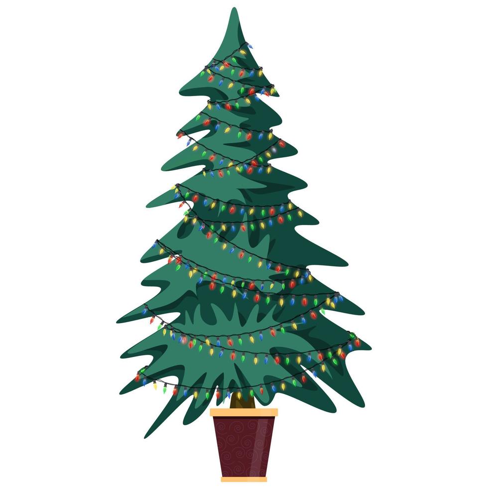 árbol de navidad en una olla dorada con estrellas, guirnaldas y bolas. tarjeta de felicitación de navidad. ilustración vectorial colorida sobre un fondo blanco. vector