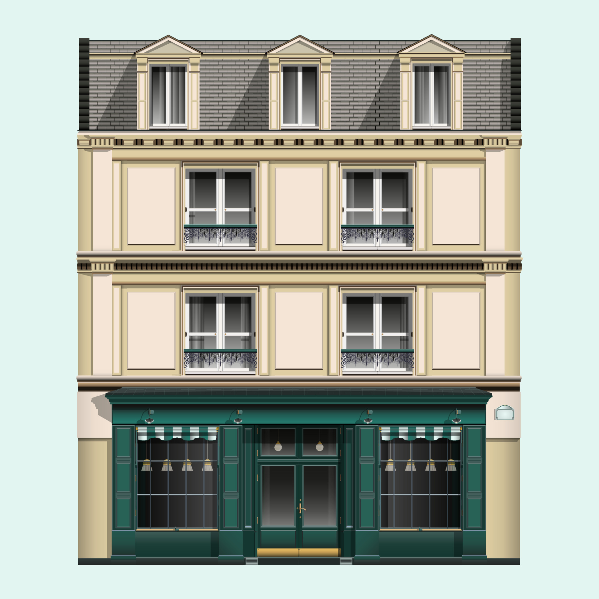 European oldfashioned brick building in realistic style. Facade front