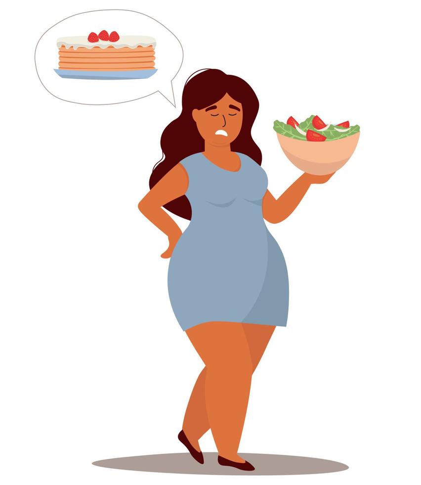 A fat woman holds a plate of green salad with tomatoes in her hand and thinks about cake. The concept of dietary nutrition, healthy lifestyle, weight loss. Vector graphics.