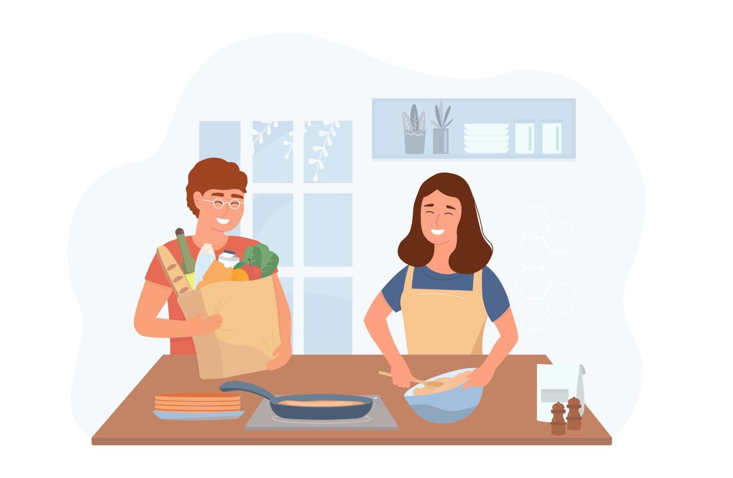A couple of husband and wife in the kitchen. The husband came home from the grocery store, the family is cooking. Happy family. Vector graphics.
