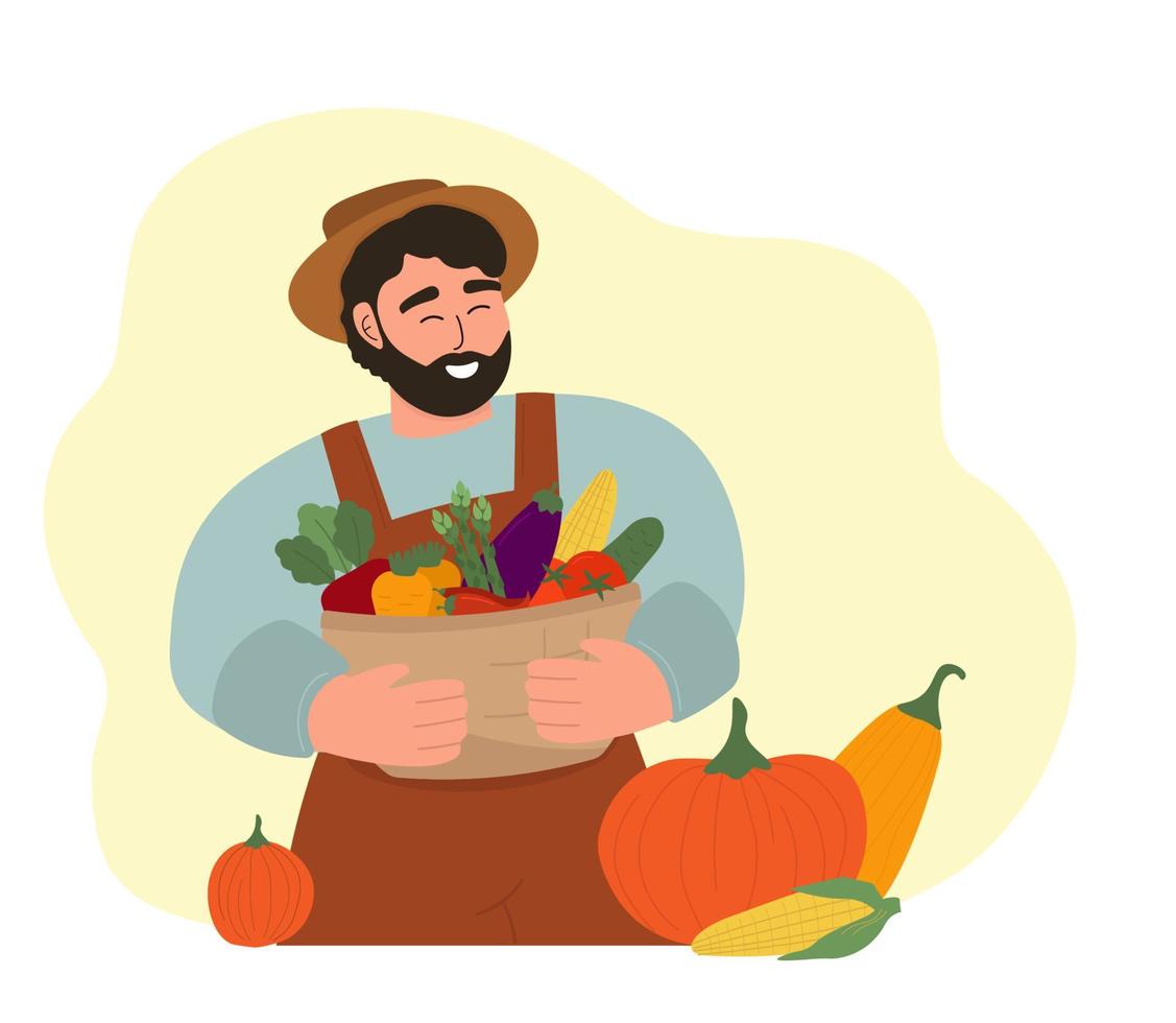 A farmer in a hat with a basket of vegetables in his hands. Fresh eco-friendly natural products from your farm. Vector graphics.