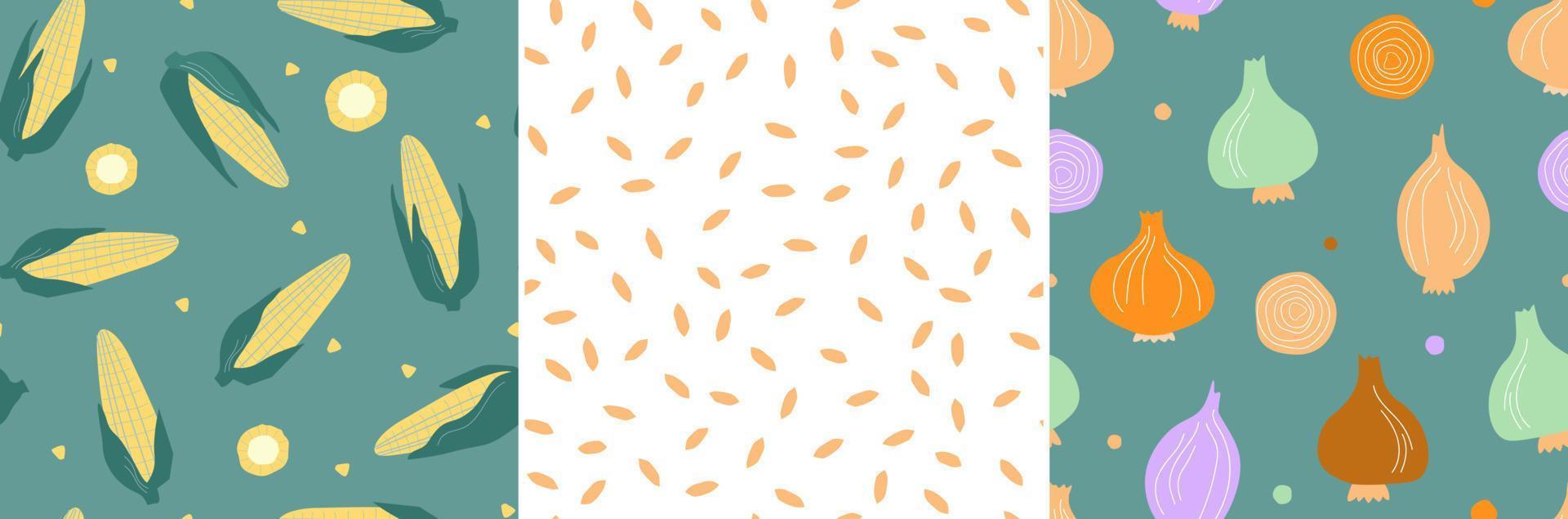 A set of seamless patterns with vegetables. Abstract corn and onions, healthy natural nutrition. Vector graphics.